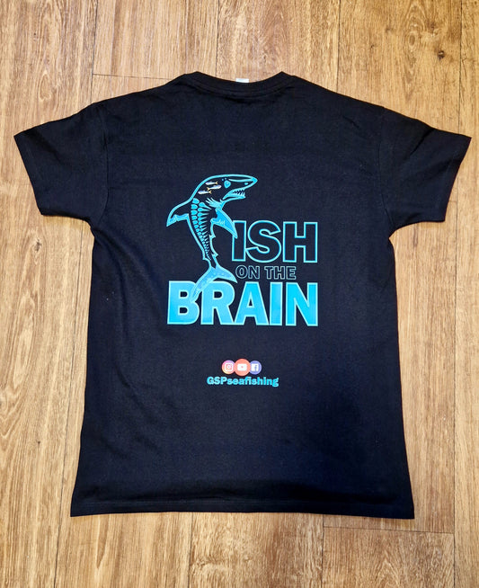 Black Short Sleeve Graphic Print Fishing T- Shirt. 'Fish on the Brain'