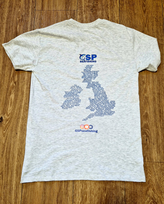 Grey Marl Short Sleeve, Graphic Print Fishing T-Shirt. UK Map
